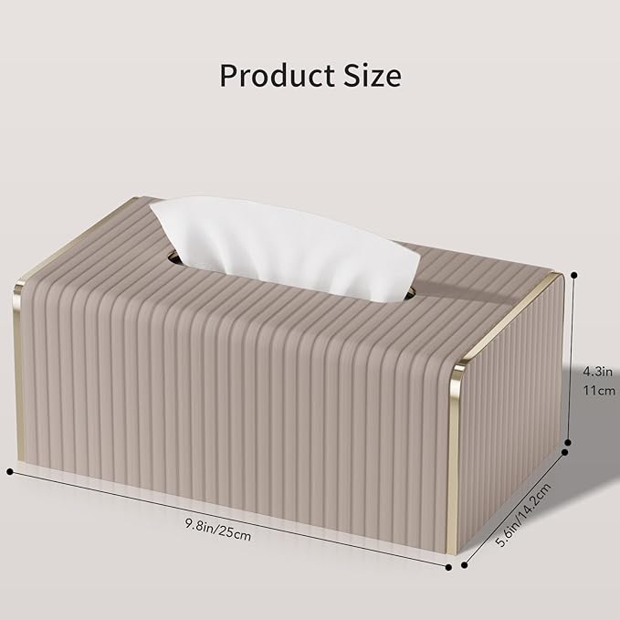 Tissue Box Cover,Beige Rectangle Leather Tissue Box Holders with Gold-Tone Edging Accents,Decorative Tissue Covers for Bathroom Toilet Bedroom Living Room Table Desk Office Car