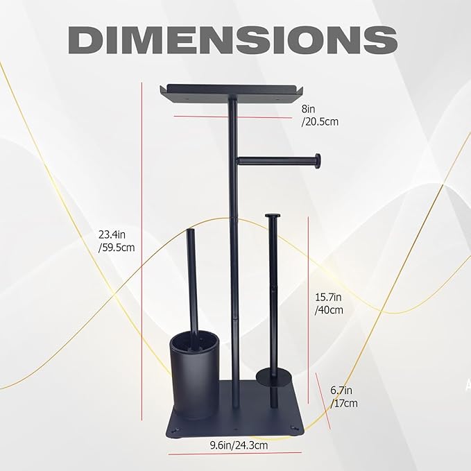 Black Freestanding Toilet Paper Holder with Brush | No Drill Bathroom Organizer Stand | Rustproof Metal Toilet Paper Stand with Anti-Slip Base and Storage & Brush Holder for Small Bathroom (Shelf)