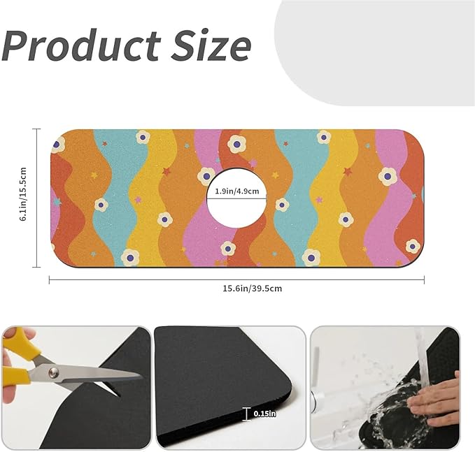Faucet Draining Mat For Kitchen Sink, Rainbow Flowers Diatom Mud Absorbent Drain Pad For Bathroom Kitchen Sink Splash Guard Drying Mat