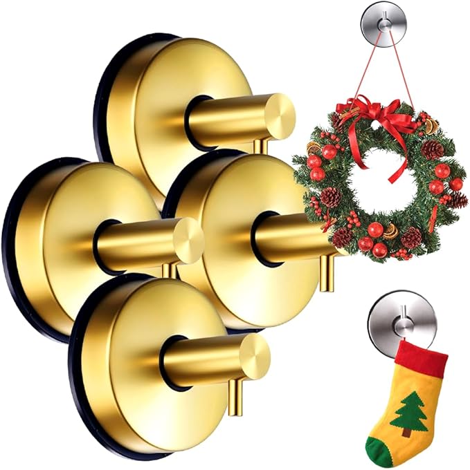 Suction Cup Hooks for Door Wreaths on Glass Suction Cup Hooks for Shower,2025 No Drill Hook Hanging Towels for Window Door Bathroom Mirrors Christmas,Wreath Hanger Holder for Daily Use (Gold-4pc)