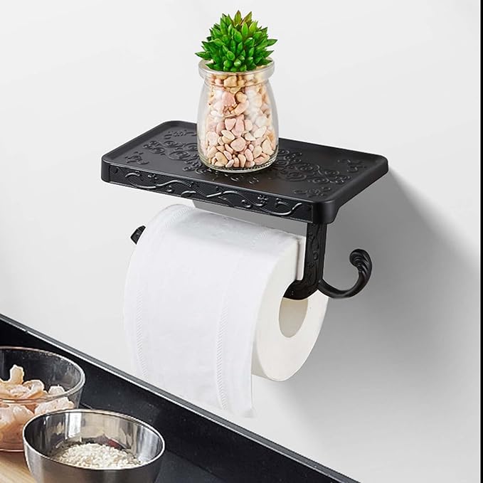 Vintage Carved Floral Toilet Paper Holder with Shelf - Crisp White Aluminum Bathroom Organizer, Wall Mounted Decorative Roll Holder for Bathroom/Vanity (7.24" Phone Shelf, Rust-Proof Finish)