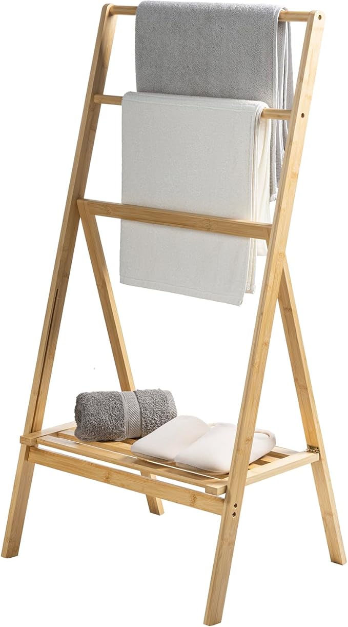 MyGift 43" H Free Standing Towel Rack, Foldable Solid Bamboo Drying Rack with Storage Shelf, Blanket Drying Rack for Towels Bathroom Accessories, Light Brown