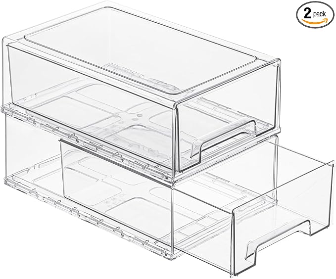 2 Pack Stackable Storage Drawers, Plastic Clear Organizer Bins with Handles for Undersink, Kitchen Cabinet, Fridge, Closet, Pantry, Office, Bathroom