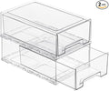 2 Pack Stackable Storage Drawers, Plastic Clear Organizer Bins with Handles for Undersink, Kitchen Cabinet, Fridge, Closet, Pantry, Office, Bathroom