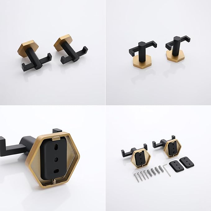 GERZWY Stainless Steel Coat/Robe Clothes Hook for Bath Kitchen, Bathroom Double Towel Hook Wall Mounted 2 Pack (Black & Gold)
