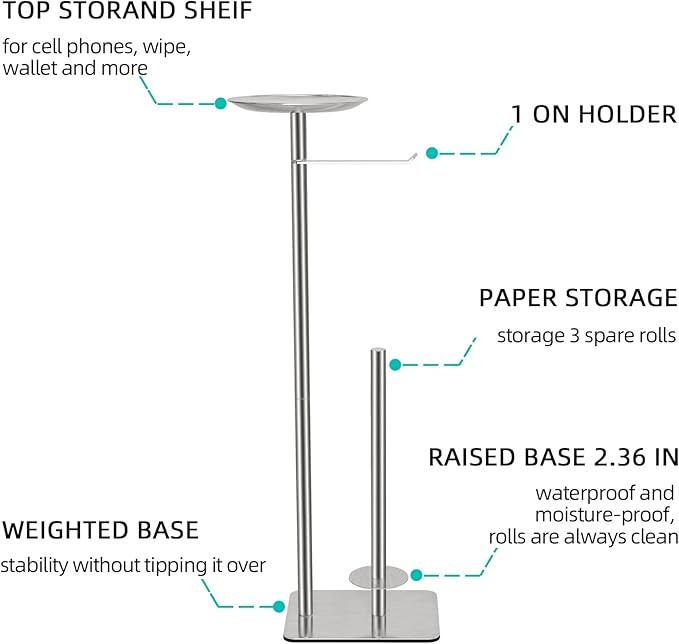 Toilet Paper Holder Stand for Bathroom Floor Standing Toilet Roll Dispenser Storages 4 Reserve Rolls, with Top Storage Shelf for Cell Phones, Wipe, Wallet and More(Brush Nickel)