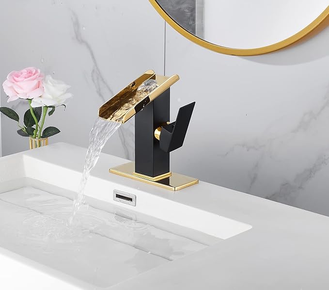 Bathroom Sink Faucet Black Gold 1 Hole Single Handle Waterfall Open Spout Bath Faucets Brass Sinks Lavatory Bath Vanity Faucets Basin Mixer Tap Supply Line Golden Hole Cover Plate