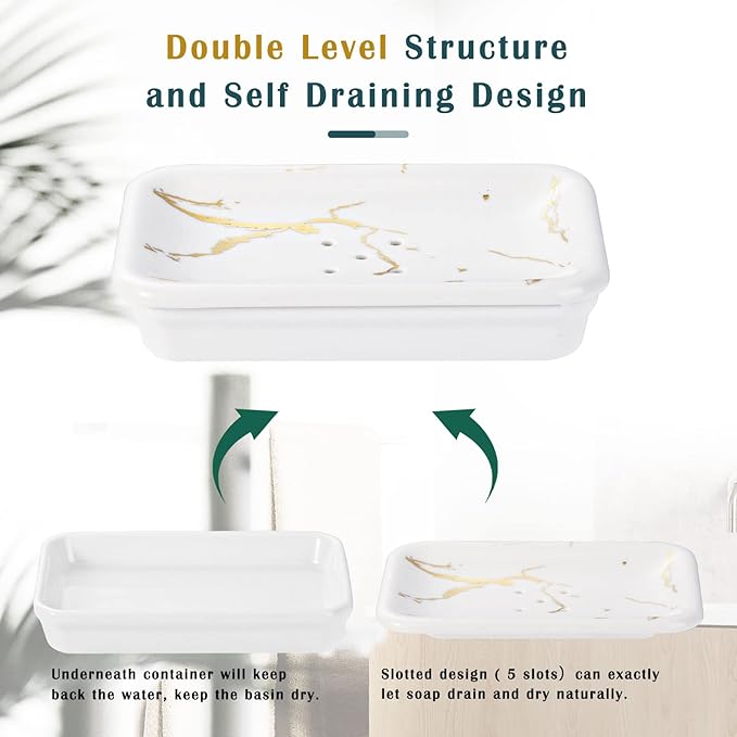 Shinowa Ceramic Soap Dish,Double Soap Holder with Drain,Porcelain Self Draining Soap Dish,Bar Soap Holder for Shower Bathroom Kitchen,Keeps Soap Dry,Easy Cleaning, White