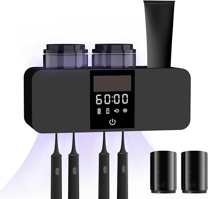 Toothbrush Cleaner & Wall Mounted Toothbrush Holders,Cleaning and Air Drying LED Smart Screen and Timer Function Rechargeable Cordless Tooth Brushing Holder for Bathrooms(Black)