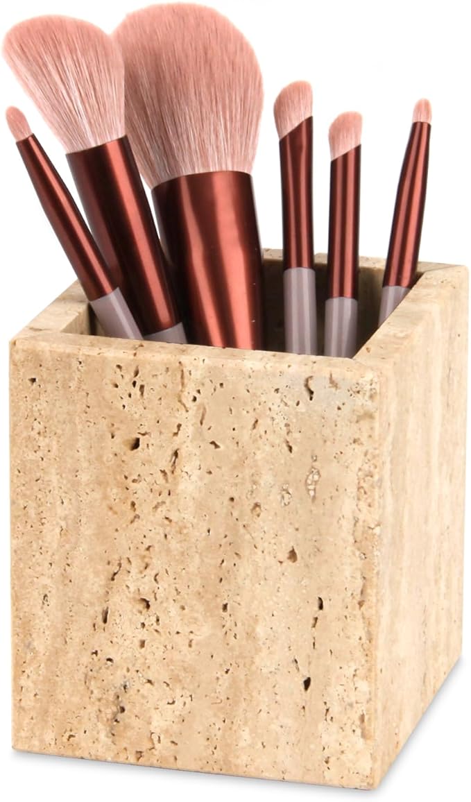 Natural Marble Toothbrush Holder for Bathroom Countertop (8.5x8.5x10cm) - Multifunctional Organizer for Makeup Brushes, Vanity Accessories & Utensils Sink (1, Travertine)