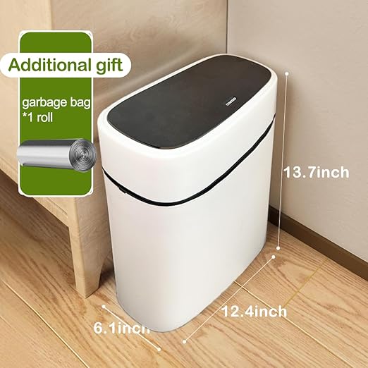 14 Litre Trash Can with Press Top Lid, 3.7 Gallons Plastic Garbage Bin, Slim Wastebasket
