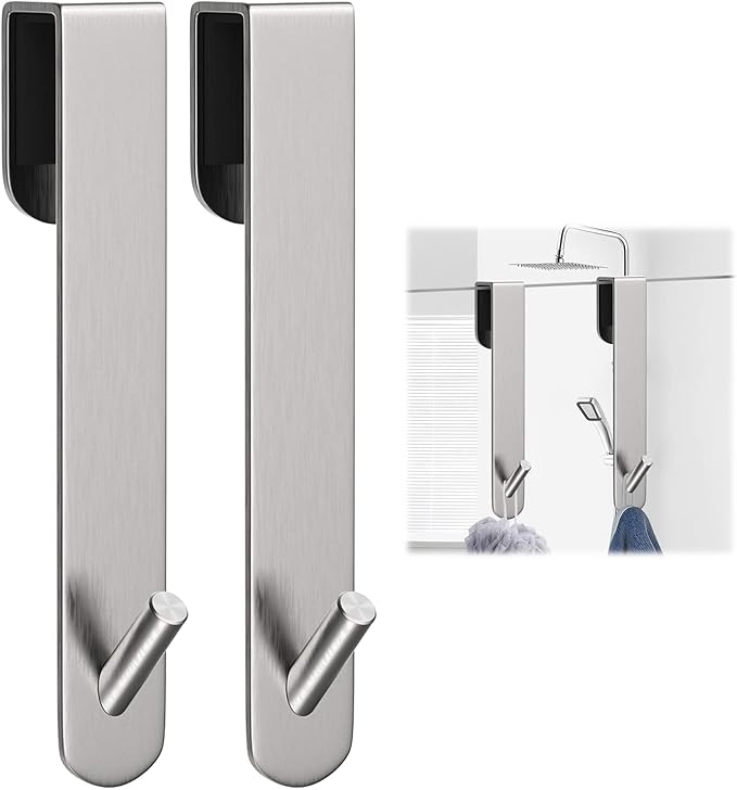 Shower Door Hook, Extended Length Frameless Shower Door Hook (7 Inches), Heavy-Duty Bathrobe Towel Stainless Steel Hook, No Drilling or Adhesive Required, 2-Pack, Silver