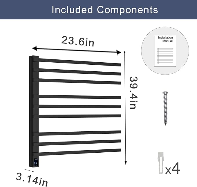WarmRackCo Heated Towel Rack, Stainless Steel, 39.4 x 23.6 x 3.14 Inches, 304 Stainless Steel, Wall-Mounted, Rectangular, 9-Bar with Smart Timer & Temperature Control