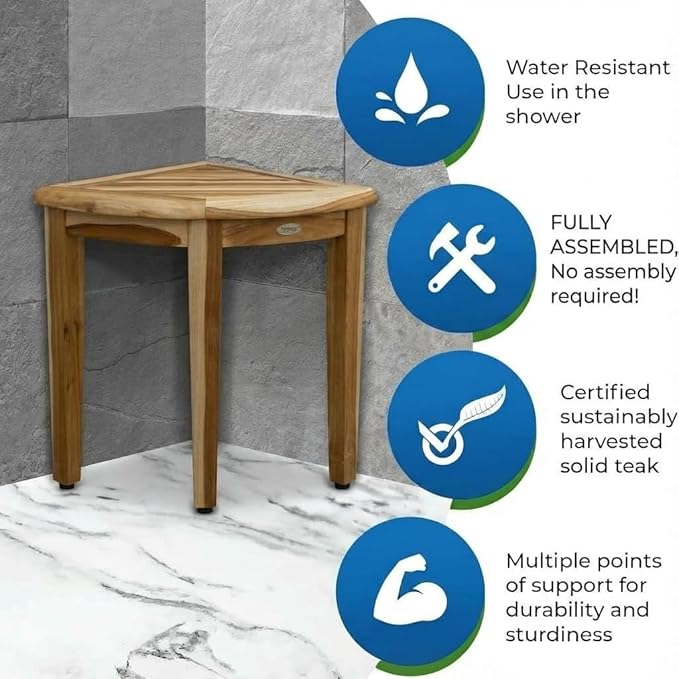 EcoDecors SnazzyCorner Waterproof Teak Wood Shower Bench Stool Seat Chair For Inside Shower Provides Safety, Storage, and Organization For Bathroom Accessories