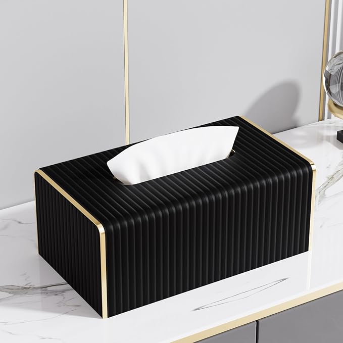 Tissue Box Cover,Black Rectangle PU Leather Tissue Holder with Gold-Tone Edging Accents,Tissue Box Cover for Bathroom Toilet Bedroom Living Room Table Desk Office,Countertop