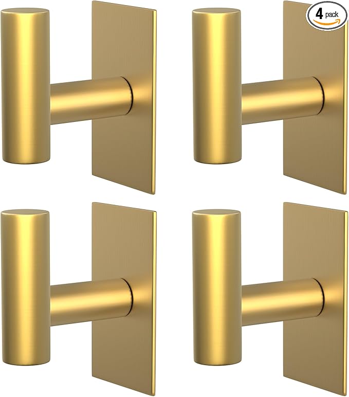 PMMASTO Adhesive Hooks, Matte Stainless Steel Sticky Hooks for Hanging, Self Adhesive Shower Wall Hooks, Towel Hooks Heavy Duty for Bathroom, Bedroom RV and Kitchen (Gold “T ”Shape 4PC-S)