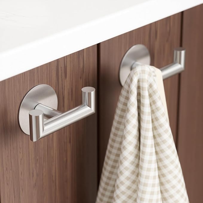 2 Pack Brushed Nickel Bathroom Hooks for Towels - Self Adhesive Double Hooks for Wall, No Drilling, Stainless Steel 304, Strong Hold for Robes, Coats, Shower Use