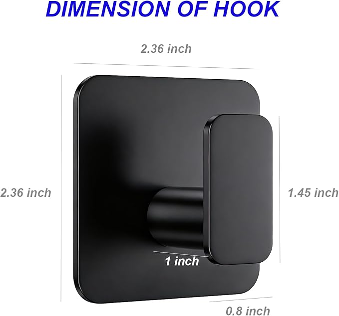 Black Square Adhesive Hooks for Shower, Bathroom, Kitchen, Robe, Towel, Coat, Waterproof & Rustproof Heavy Duty Hook for Walls No Damage, Stainless Steel Sticky Hook (4)