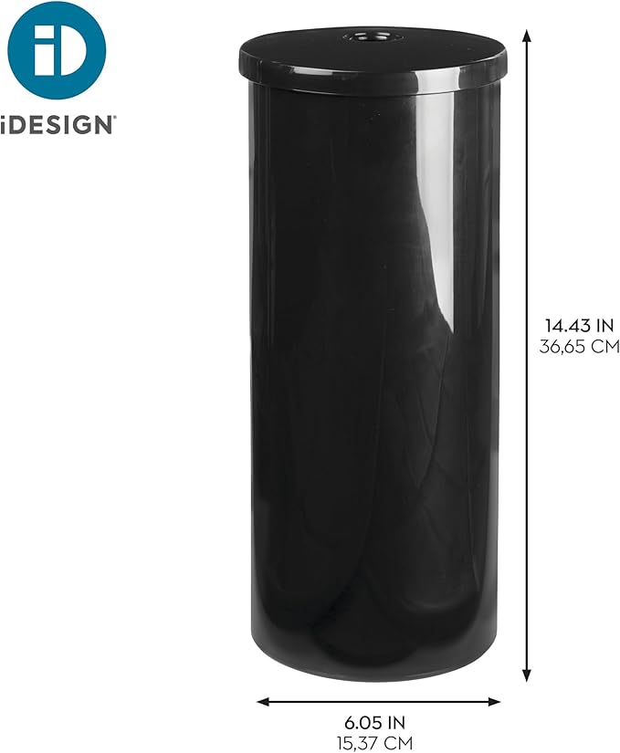 iDesign Freestanding Toilet Paper Canister with Lid for 3 Extra Rolls, Black, Made in USA