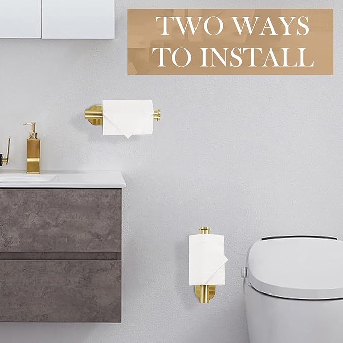 Toilet Paper Holder - Self Adhesive Toilet Paper Holder Wall Mount for Bathroom, SUS 304 Stainless Steel Command Strip Toilet Paper Roll Holder Stick On Wall, No Drilling - Brushed Gold