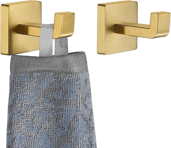 JQK Bathroom Towel Hook Gold, Coat Robe Clothes Bath Wall Hooks for Kitchen Garage SUS 304 Stainless Steel Thick 0.8mm, 2 Pack Brushed Gold, TH250-BG-P2