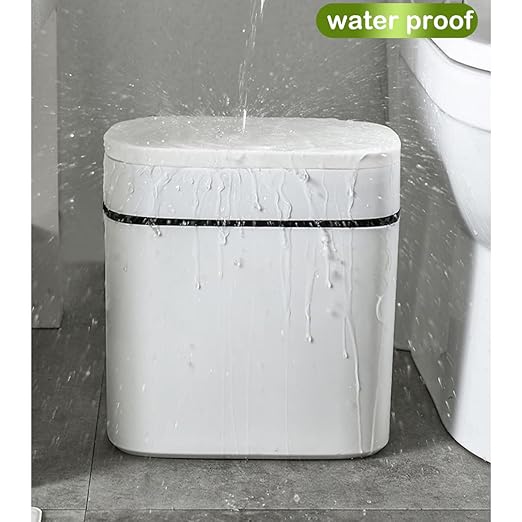 14 Litre Trash Can with Press Top Lid, 3.7 Gallons Plastic Garbage Bin, Slim Wastebasket for Bathroom, Kitchen, Toilet, Office, Room, Bedroom, White lid Without Brush