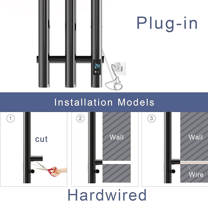 Electric Heated Towel Rack with Timer, Wall-Mounted Towel Warmer, 3 Vertical Bars, Silver, Plug-in or Hardwired, 37.4 Inch Height, Round Design (Black)