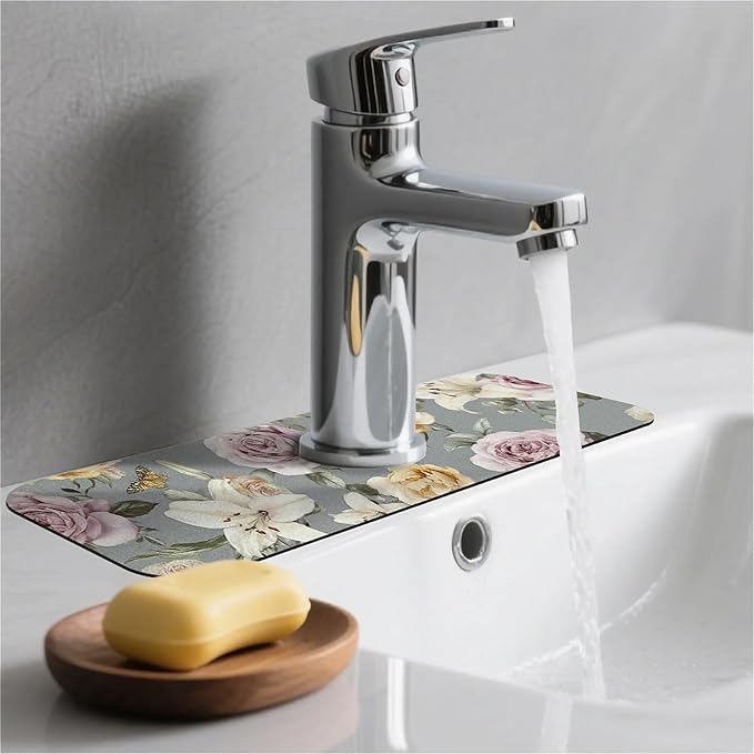 Kitchen Sink Splash Guard，Watercolor roses and lilies Faucet Mat Sink Gadgets-Super Absorbent Fast Drying Mat Drip Catcher for Kitchen, Bathroom,Sink Mat, Dish Drying Mat, Bathroom(15" X 5.5" )