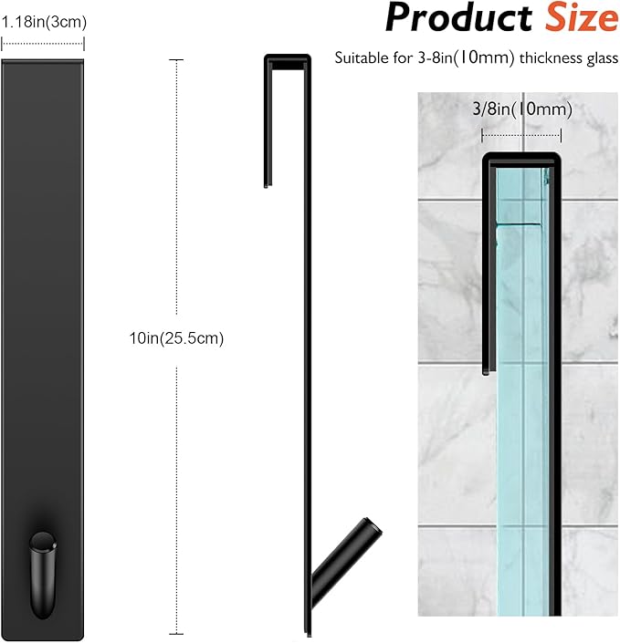 Shower Door Hooks(10 Inch),Extended Over Door Hooks for Bathroom Frameless Glass Shower Door,Stainless Steel Towel Hooks,Heavy Duty Rack Hooks for Robe,Towel-3 Pack-Black