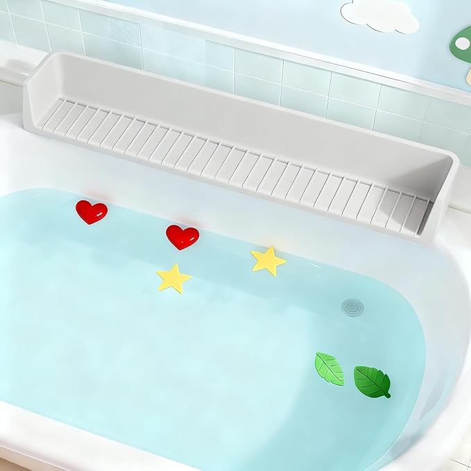 Bathtub Splash Guard for Tub Kids, Longer Silicone Water Splash Guard for Bathtub, Toy Holder Play Shelf for Bathtime，Silicone Tub Splash Guard Prevent Water Spills in Bathroom (Gray)