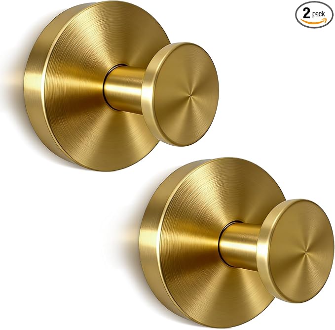 Gold Suction Cup Hooks for Shower & Bathroom - No Drill Adhesive Hooks for Towels on Glass Door, Mirror, Tile Wall - Decorative Brushed Gold Hooks for Wreaths - Heavy Duty Waterproof (2 Pack)