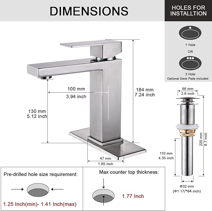 Brushed Nickel Bathroom Faucet, Single Hole Vanity Bath Faucet, Single Handle Modern Stainless Steel Bathroom Faucets for Sink 1 Hole with Pop Up Drain Stopper & Water Supply Hoses