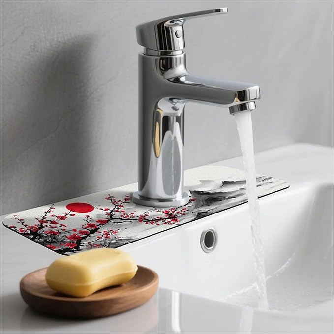 Kitchen Sink Splash Guard，Red plum blossoms Faucet Mat Sink Gadgets-Super Absorbent Fast Drying Mat Drip Catcher for Kitchen, Bathroom,Sink Mat, Dish Drying Mat, Bathroom(15" X 5.5" )