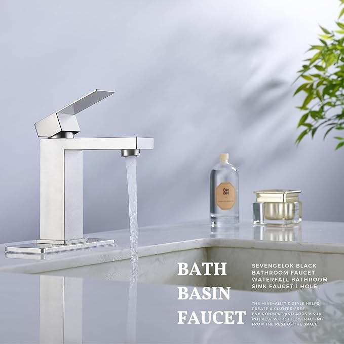 Bathroom Faucet for 1 Hole or 3 Holes Bathroom Sink Single Handle SUS304 Stainless Steel Sink Faucet with Pop Up Drain with Overflow Modern Vanity Faucets Brushed Nickel, SF3P-BN
