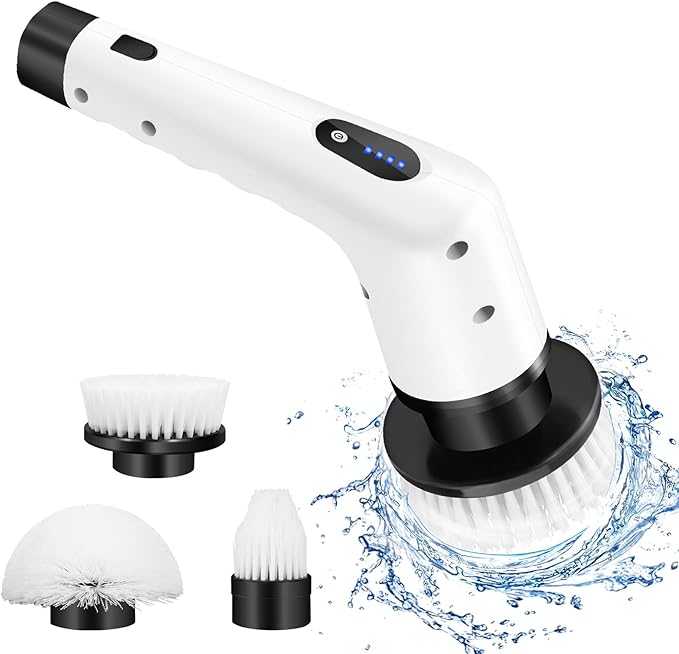 Electric Spin Scrubber, Cordless Power Scrubber with 3 Replaceable Brush Heads, 2 Speeds Electric Shower Scrubber, IPX6 Waterproof Handheld Spin Scrubber for Cleaning Kitchen Stove Bowl Window Glass