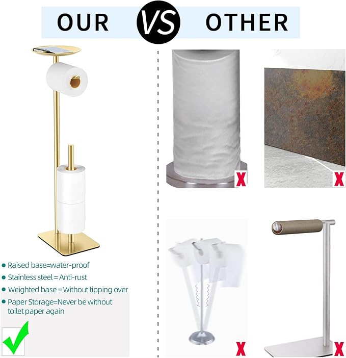 Toilet Paper Holder Stand for Bathroom Floor Standing Toilet Roll Dispenser Storages 4 Reserve Rolls, with Top Storage Shelf for Cell Phones, Wipe, Wallet and More(Gold)