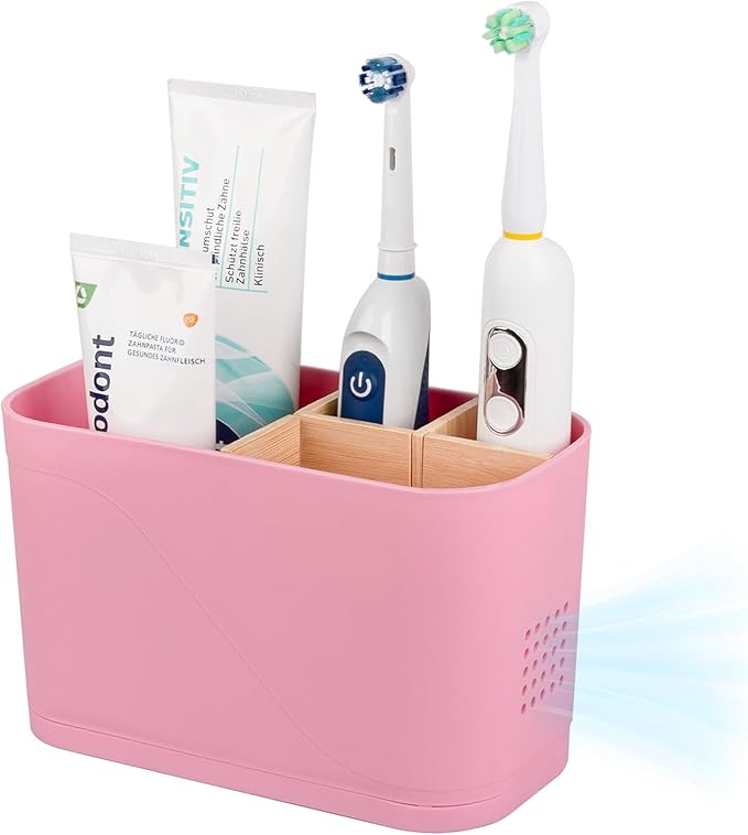 Toothbrush Holders for Bathrooms, Electric Tooth Brush Holder with Bamboo Dividers Kids Toothbrush and Toothpaste Organizer for Bathroom Countertop Accessories Storage, 4 Slots, Pink