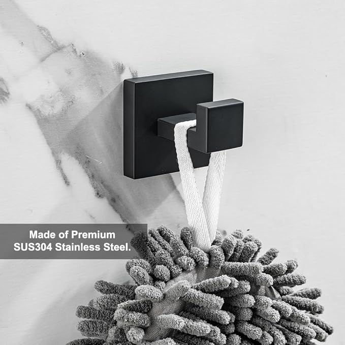 Matte Black Towel Hooks 4 Pack, SUS304 Stainless Steel Bathroom Robe Hook, Heavy Duty Modern Square Coat Holder, Rustproof, Anti-Rotation & Secure L-Shape Design