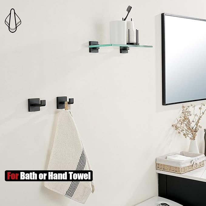 JQK Bathroom Towel Hook Black, Coat Robe Clothes Bath Wall Hooks for Kitchen Garage SUS 304 Stainless Steel Thick 0.8mm, 2 Pack Matte Black, TH250-PB-P2