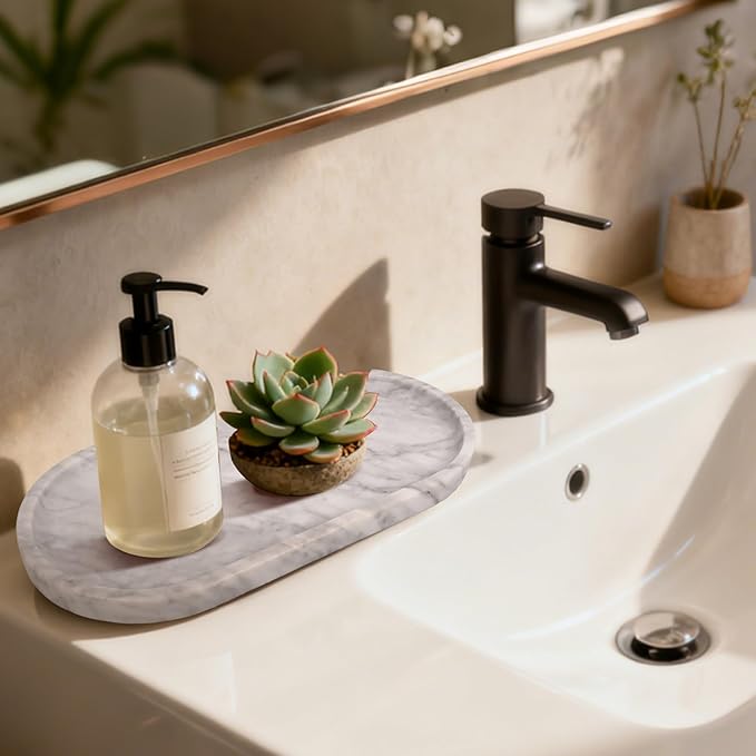 YKAJO Marble Tray 11.6"x5.9" White Gray Vanity Decorative for Countertop Catchall for Perfume Candles Jewelry Dish Perfume Trays for Vanity Bathroom Decorative Tray for Kitchen Counter