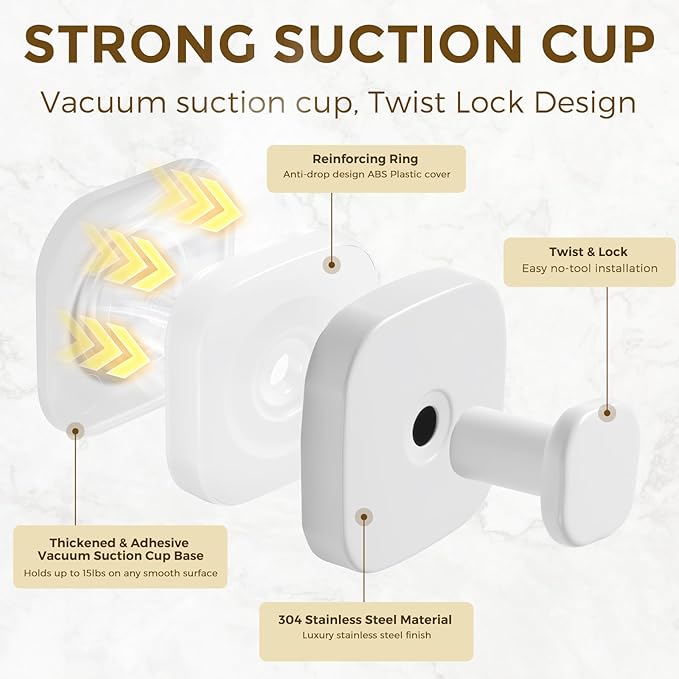 Suction Cup Hooks for Shower, No-Drill Towel Hooks for Bathrooms, Kitchen, Glass Door, Mirror, Tile, Shower Suction Hooks for Hanging Towels, Robe, Loofah, Christmas Wreath (White, 4 Pack)