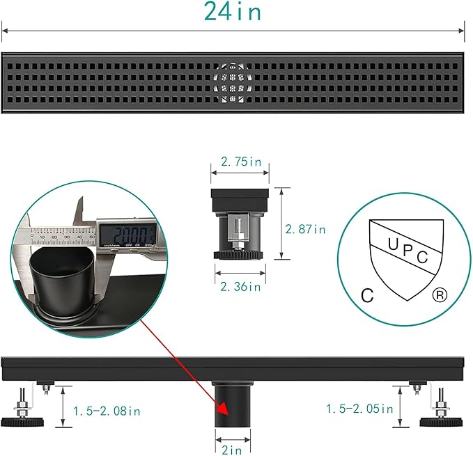 Linear Shower Drain 24 Inch Black with Removable Quadrato Grate Cover, Rectangular Floor Drain 304 Stainless Steel Matte Black Linear Drains Include Accessories, CUPC Certified