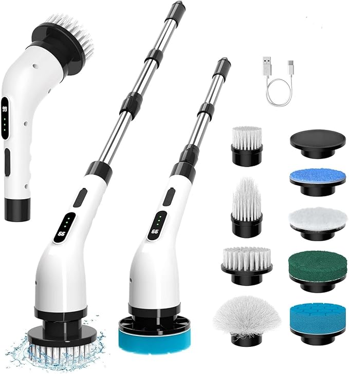 Electric Spin Scrubber, Cordless Cleaning Brush Scrubber for Home 9 Replaceable Brush Heads with Extension Handle, 3 Speeds for Bathroom Shower Bathtub Glass Car