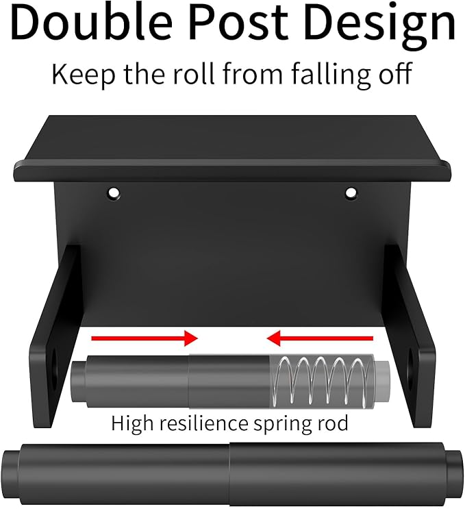Toilet Paper Holder with Shelf Wall Mount, Self Adhesive or Screw in, Tissue Holder for Bathroom Washroom RV with Spring Rod, Matte Black