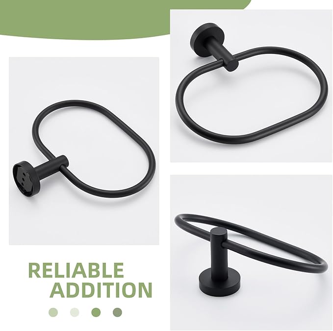 Bathroom Hardware Set 4-Piece Matte Black, Angle Simple Stainless Steel Bathroom Accessories with Towel Hook X 2, Toilet Paper Holder and Rotary Towel Ring, Wall Mount