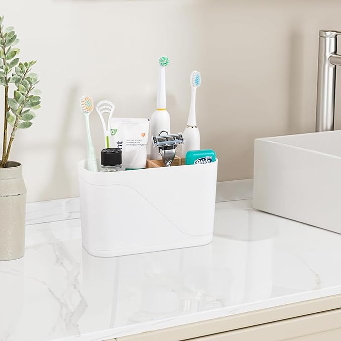Toothbrush Holders for Bathrooms, Electric Tooth Brush Holder with Bamboo Dividers Kids Toothbrush and Toothpaste Organizer for Bathroom Countertop Accessories Storage, 4 Slots, White