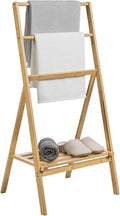 MyGift 43" H Free Standing Towel Rack, Foldable Solid Bamboo Drying Rack with Storage Shelf, Blanket Drying Rack for Towels Bathroom Accessories, Light Brown