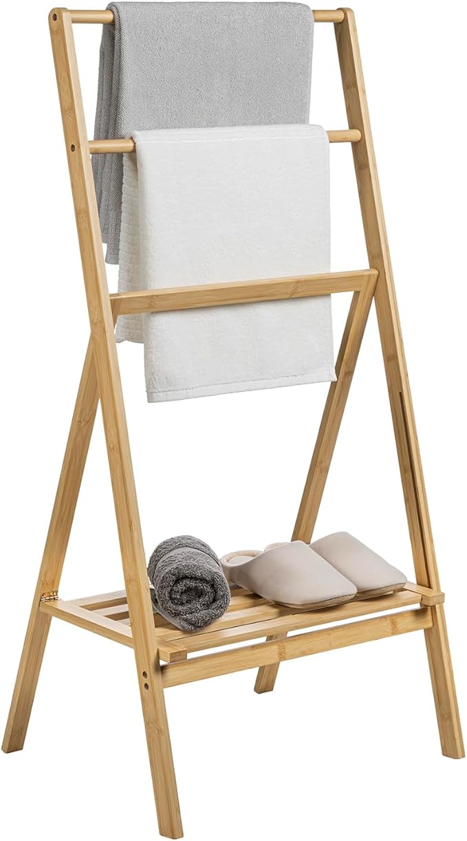 MyGift 43" H Free Standing Towel Rack, Foldable Solid Bamboo Drying Rack with Storage Shelf, Blanket Drying Rack for Towels Bathroom Accessories, Light Brown