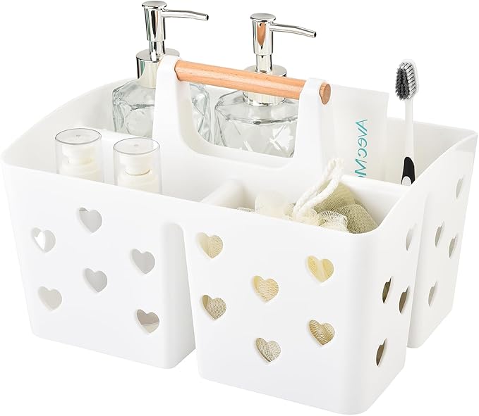 White Portable Shower Caddy with Handle, Large Plastic Shower Basket Organizer for College Dorm Room Essentials, Bathroom, Gym, Camping, Non-Slip Drainage Design for Toiletries & Cleaning Supplies