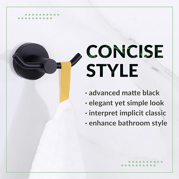 APLusee Double Bath Towel Hook, Premium Stainless Steel Coat Holder, Modern Bathroom Kitchen Storage Hanger Wall Mounted, Matte Black